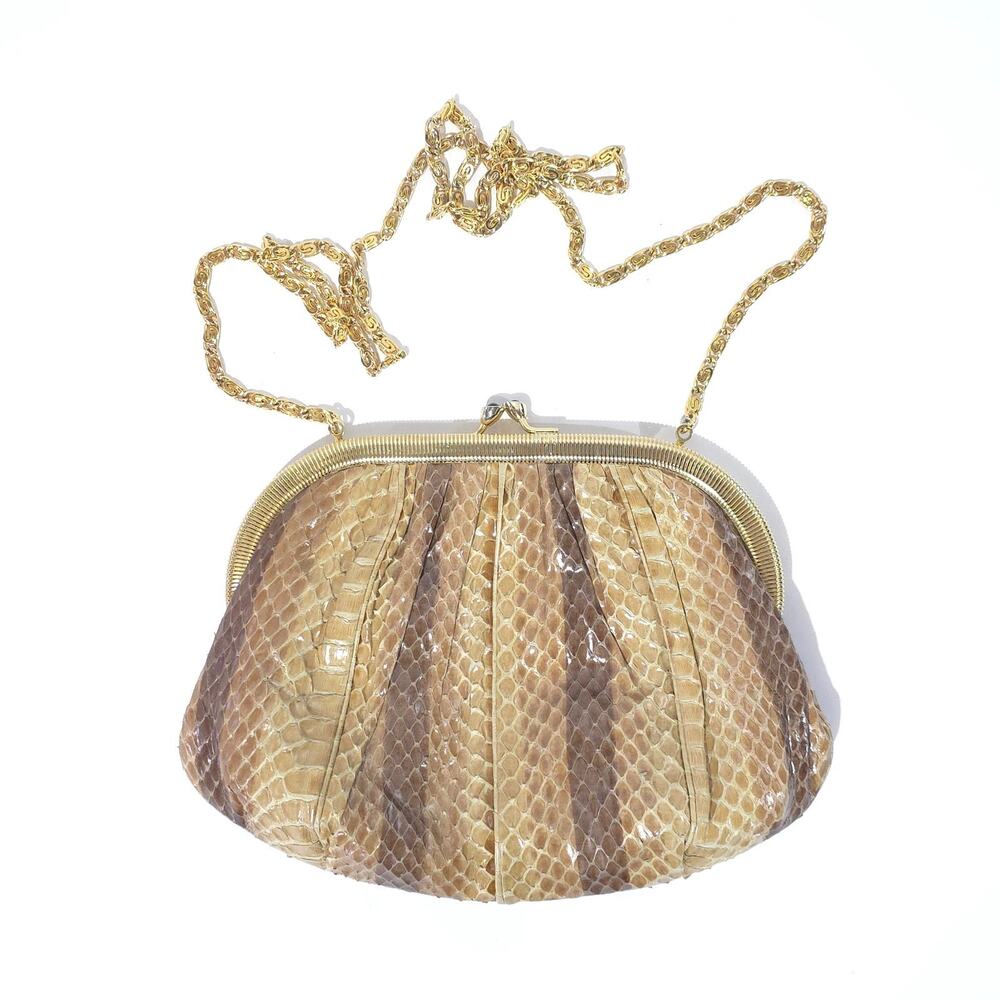 Judith Leiber Python Snakeskin Clutch Gold Frame Chain Strap VTG